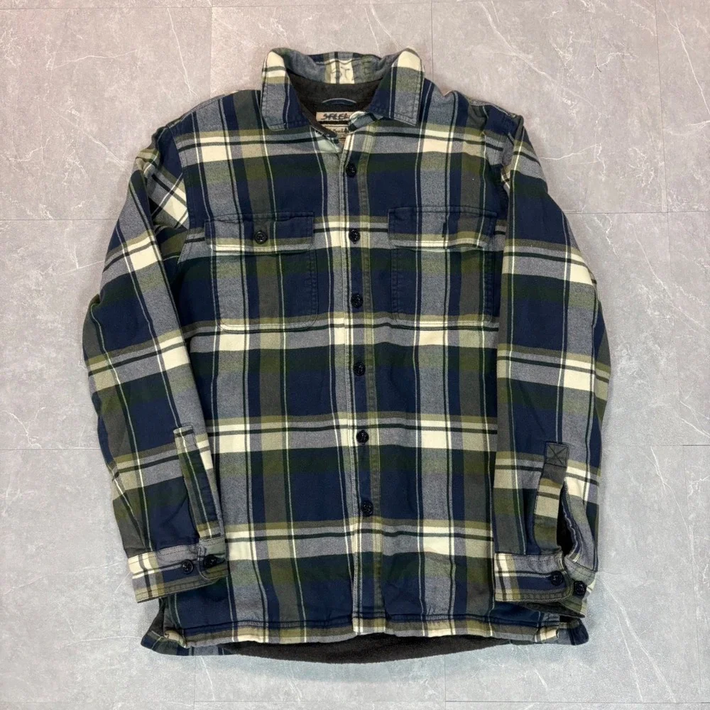 LL Bean Mens Fleece Lined Flannel Shirt Jacket Navy Green Plaid M-Reg 298189